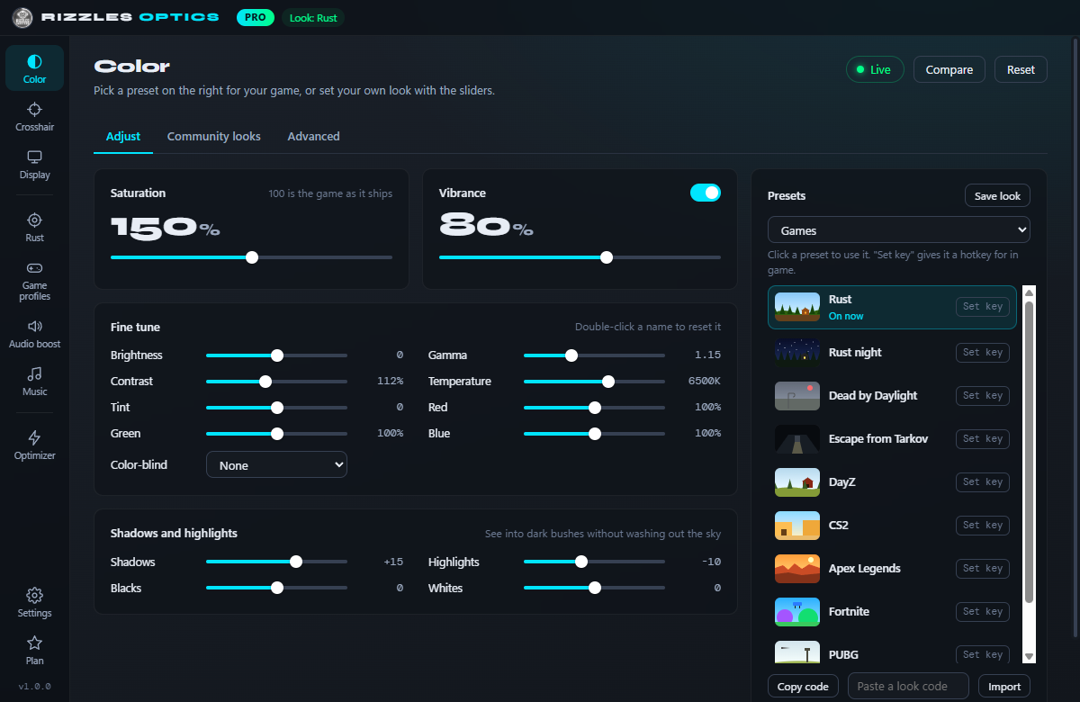 Color: presets for your game, saturation, vibrance and fine tune